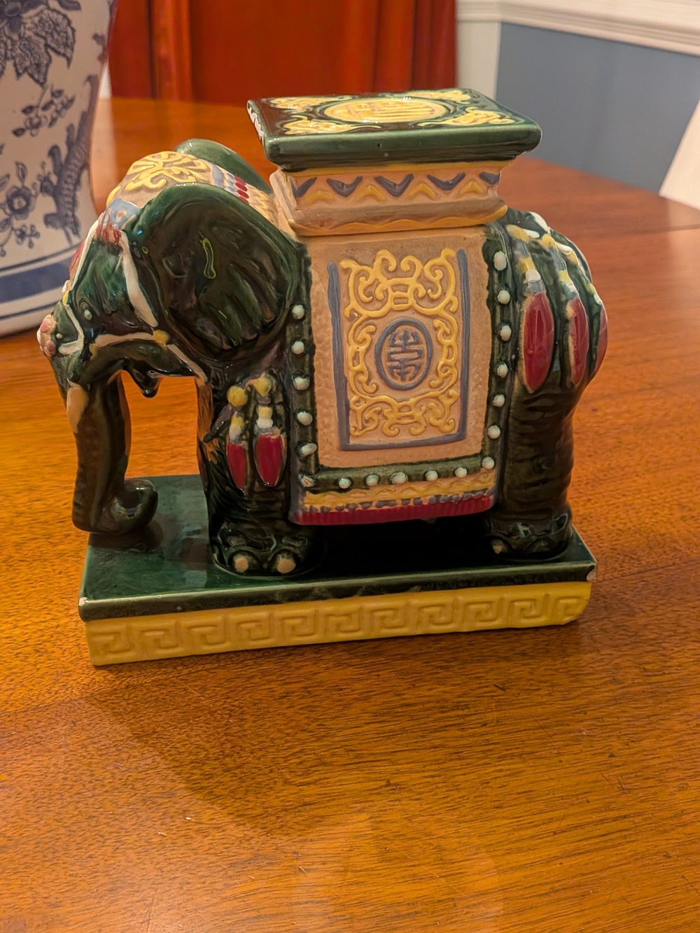 Vintage Chinoiserie Ceramic Elephant Planter Candle Holder, Green Glazed Pottery